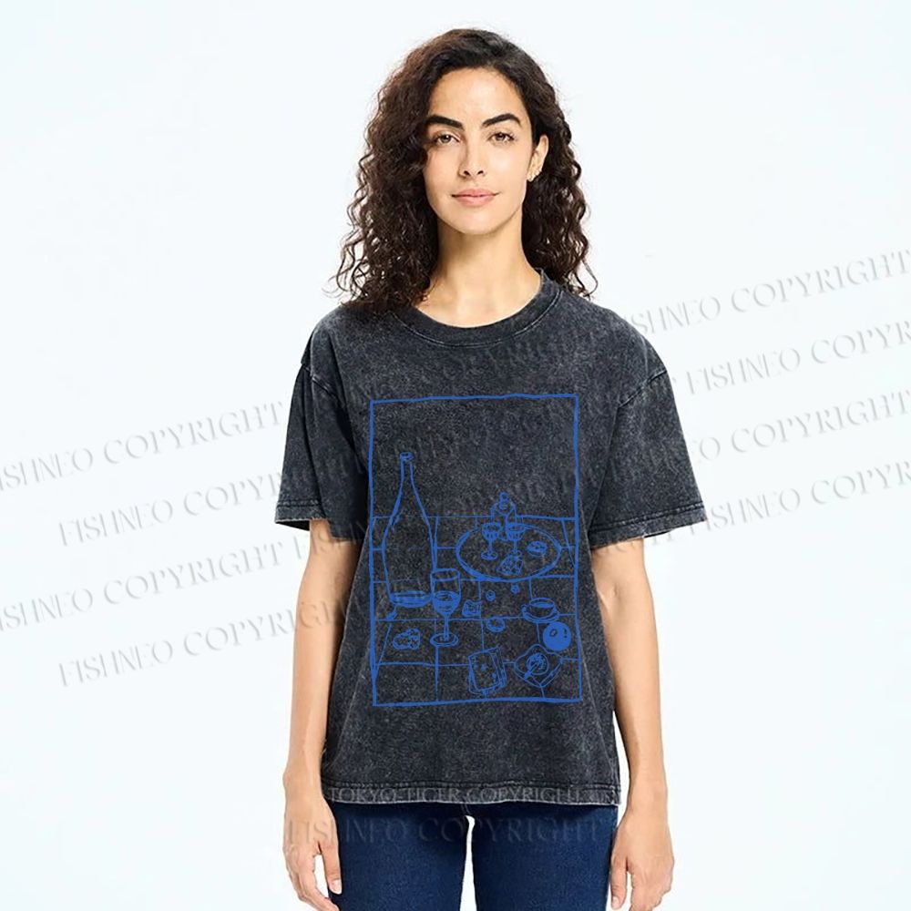 Unisex Vintage Dining-table Printed Washed Tee