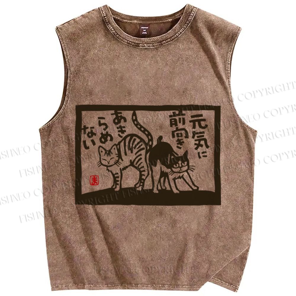 Unisex Vintage Cat Printed Washed Tank Top