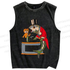 Unisex Vintage Sardine Fish Graffiti Printed Washed Tank Top