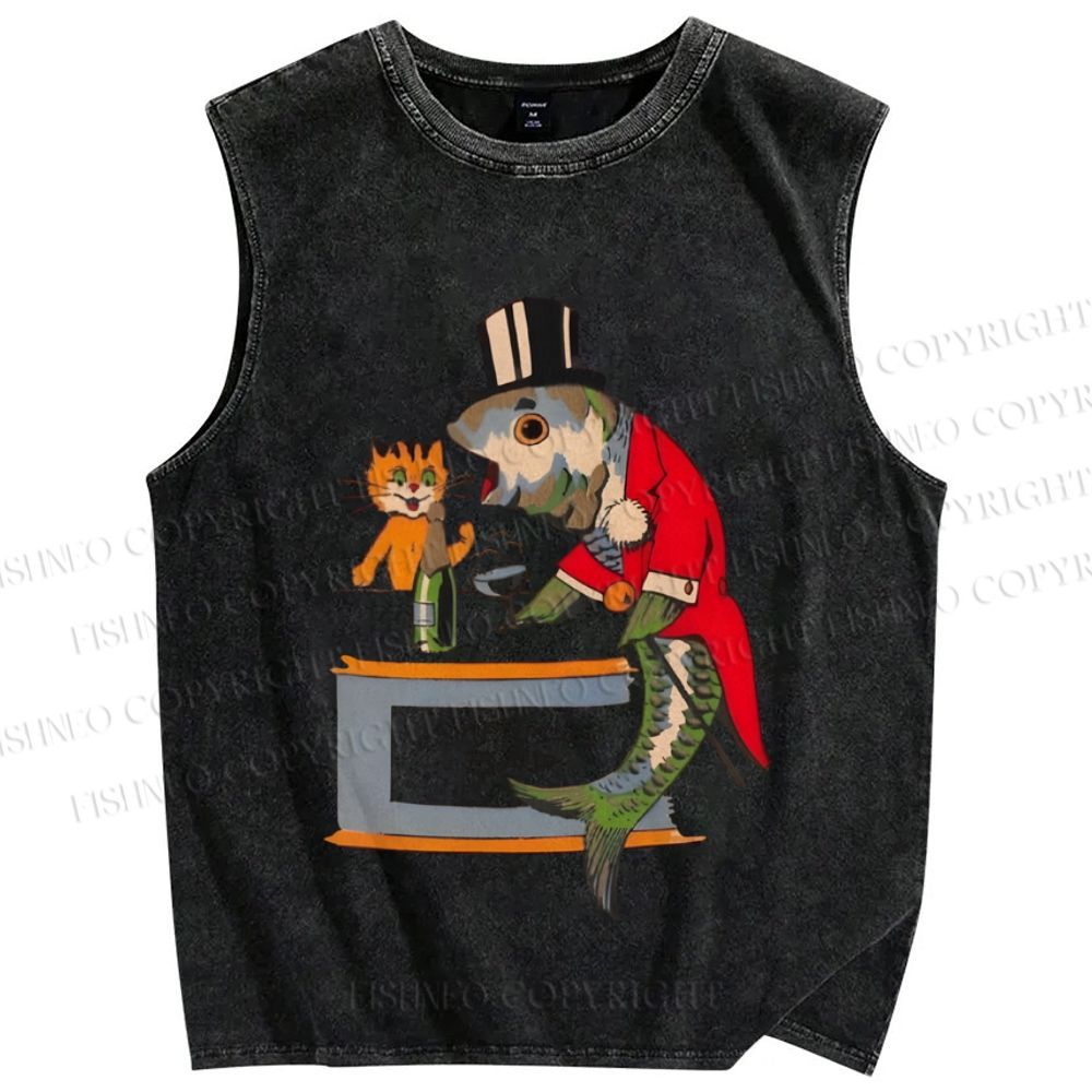 Unisex Vintage Sardine Fish Graffiti Printed Washed Tank Top