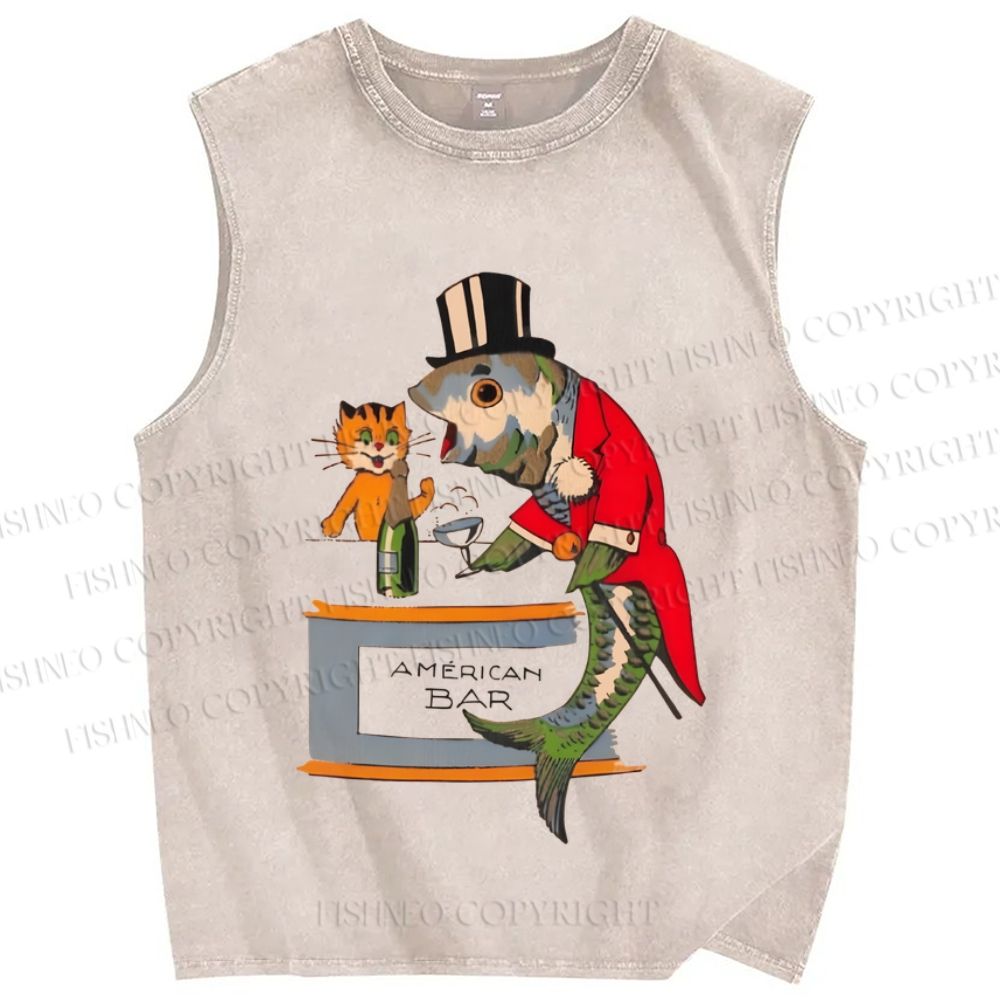Unisex Vintage Sardine Fish Graffiti Printed Washed Tank Top