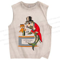 Unisex Vintage Sardine Fish Graffiti Printed Washed Tank Top