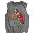 Unisex Vintage Sardine Fish Graffiti Printed Washed Tank Top