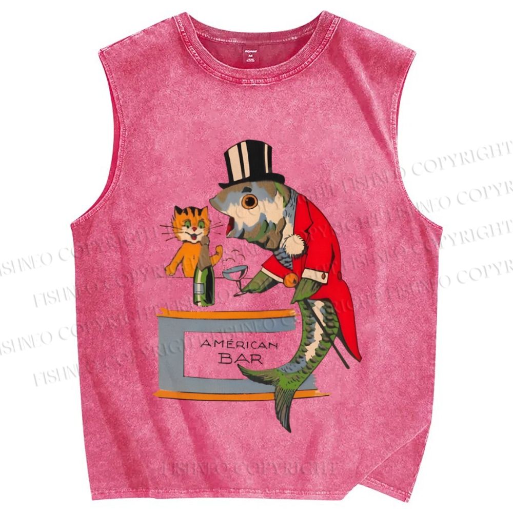 Unisex Vintage Sardine Fish Graffiti Printed Washed Tank Top