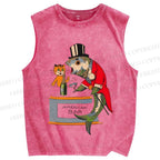 Unisex Vintage Sardine Fish Graffiti Printed Washed Tank Top