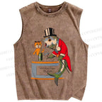 Unisex Vintage Sardine Fish Graffiti Printed Washed Tank Top
