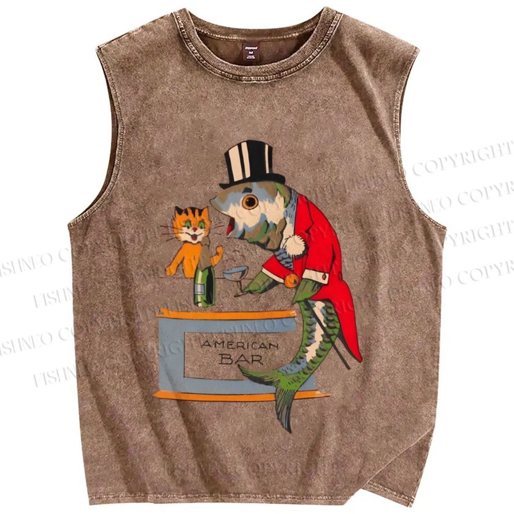 Unisex Vintage Sardine Fish Graffiti Printed Washed Tank Top