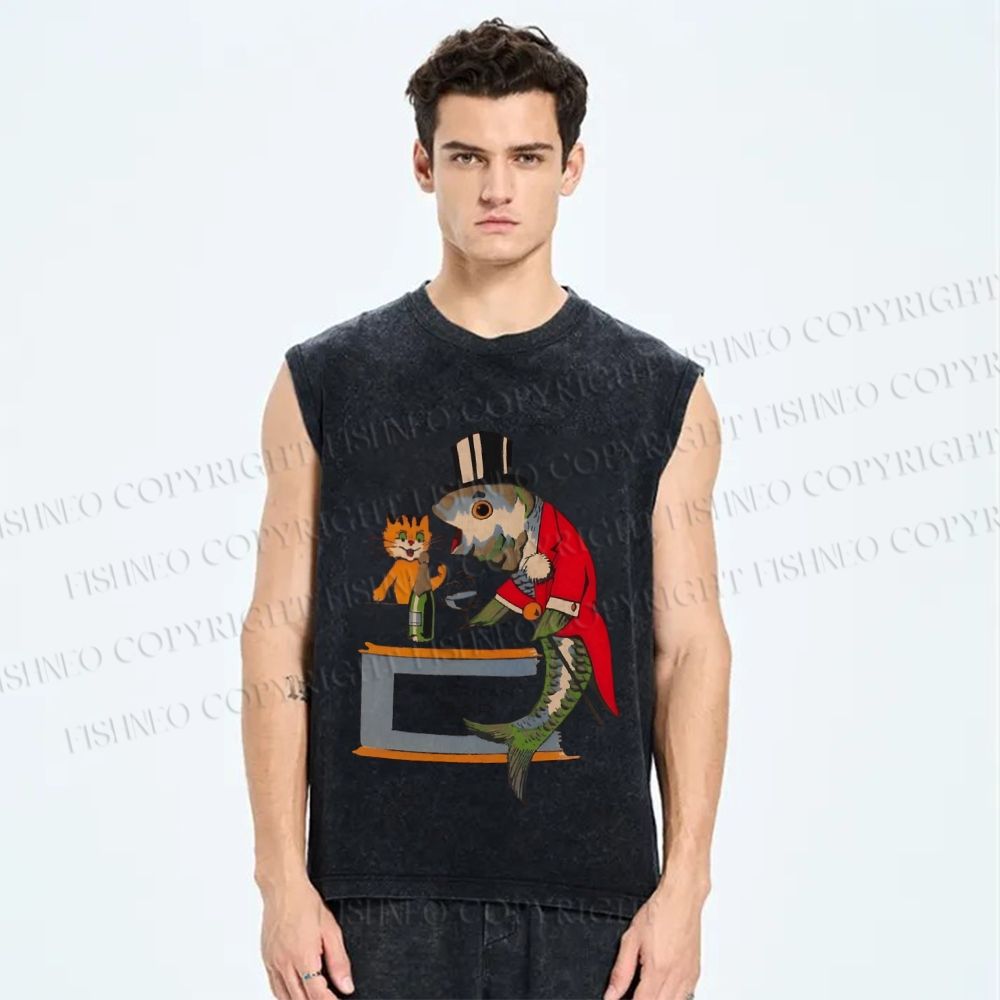 Unisex Vintage Sardine Fish Graffiti Printed Washed Tank Top