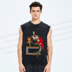 Unisex Vintage Sardine Fish Graffiti Printed Washed Tank Top