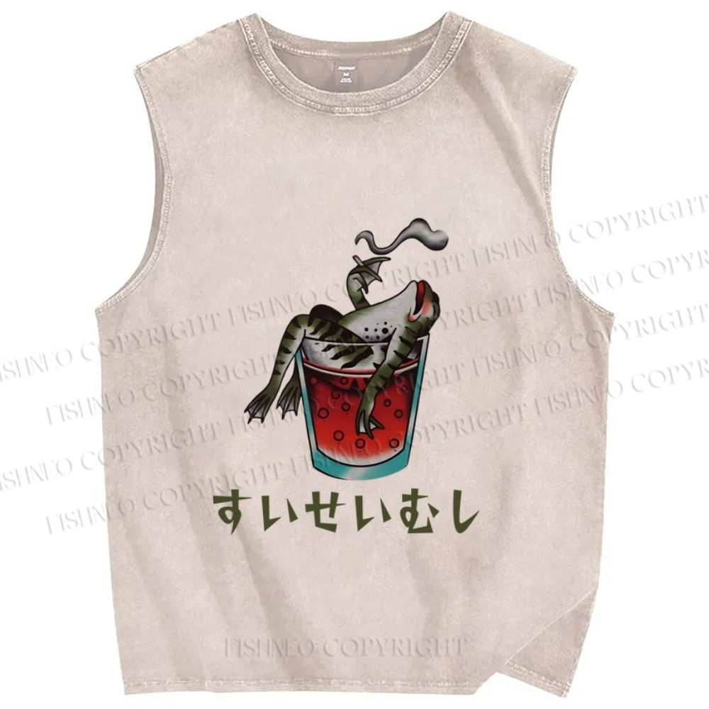 Unisex Drunk Frog Smoking Japanese Style Printed Washed Tank Top