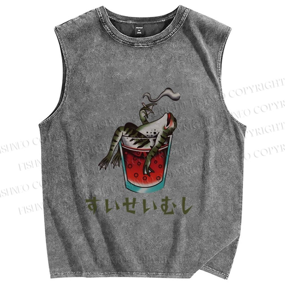 Unisex Drunk Frog Smoking Japanese Style Printed Washed Tank Top