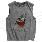 Unisex Drunk Frog Smoking Japanese Style Printed Washed Tank Top