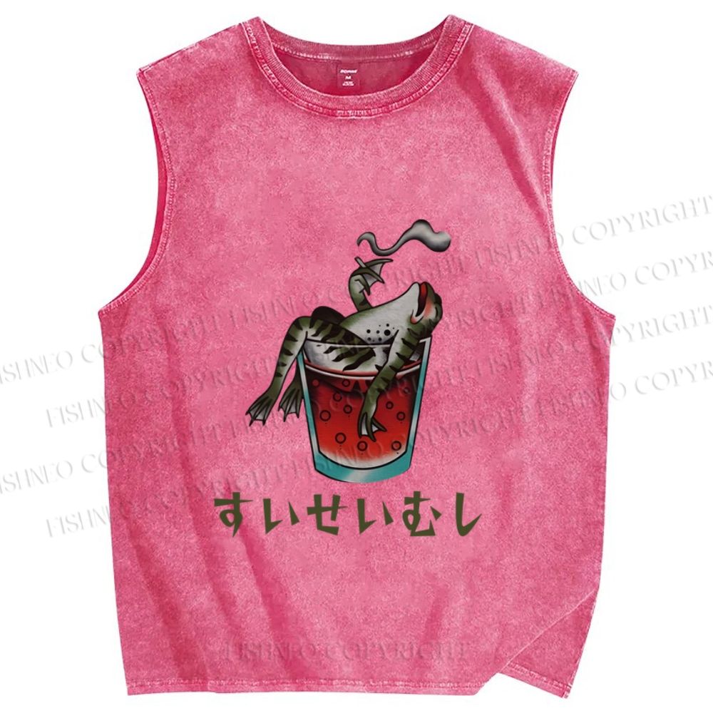 Unisex Drunk Frog Smoking Japanese Style Printed Washed Tank Top