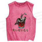 Unisex Drunk Frog Smoking Japanese Style Printed Washed Tank Top