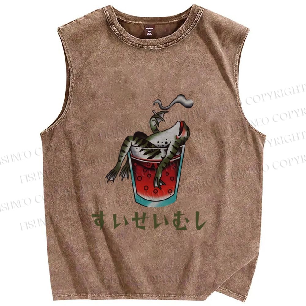 Unisex Drunk Frog Smoking Japanese Style Printed Washed Tank Top