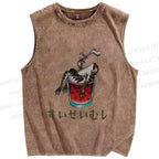 Unisex Drunk Frog Smoking Japanese Style Printed Washed Tank Top