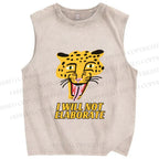 Unisex Cartoon Leopard I will not elaborate Printed Washed Tank Top