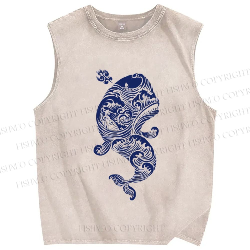 Unisex Vintage Blue Whale Printed Washed Tank Top