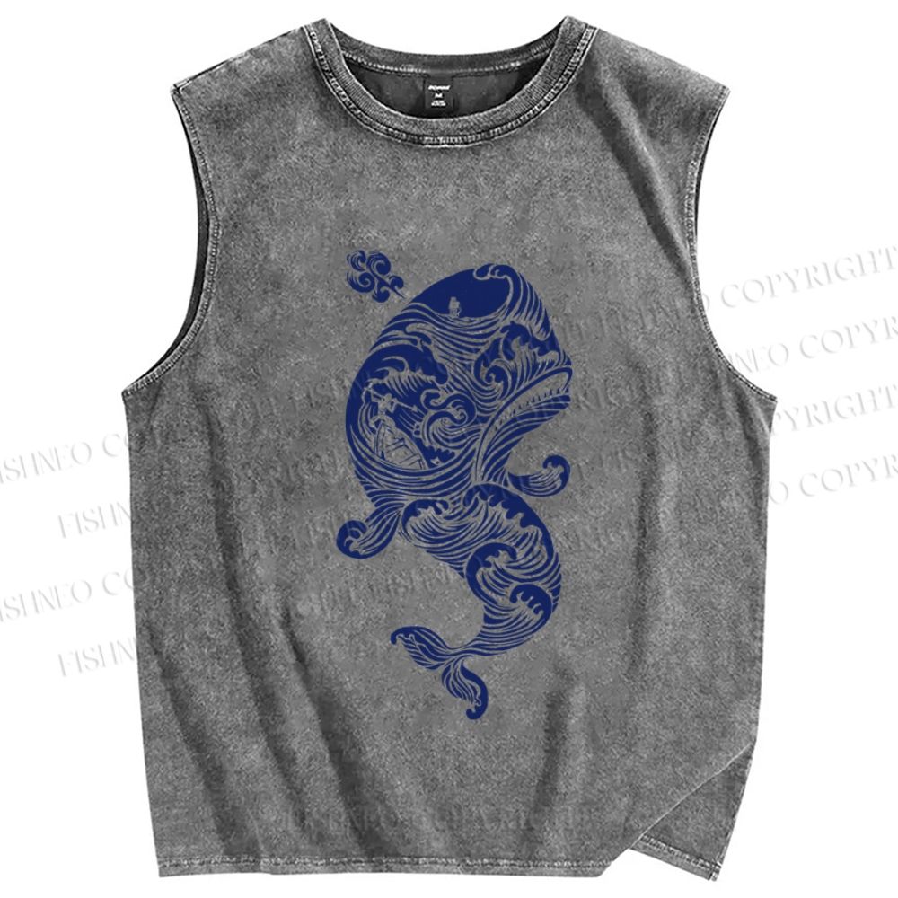 Unisex Vintage Blue Whale Printed Washed Tank Top