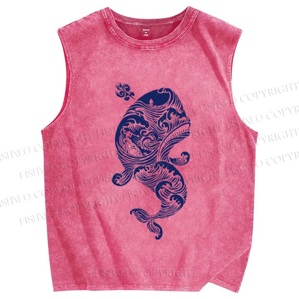 Unisex Vintage Blue Whale Printed Washed Tank Top