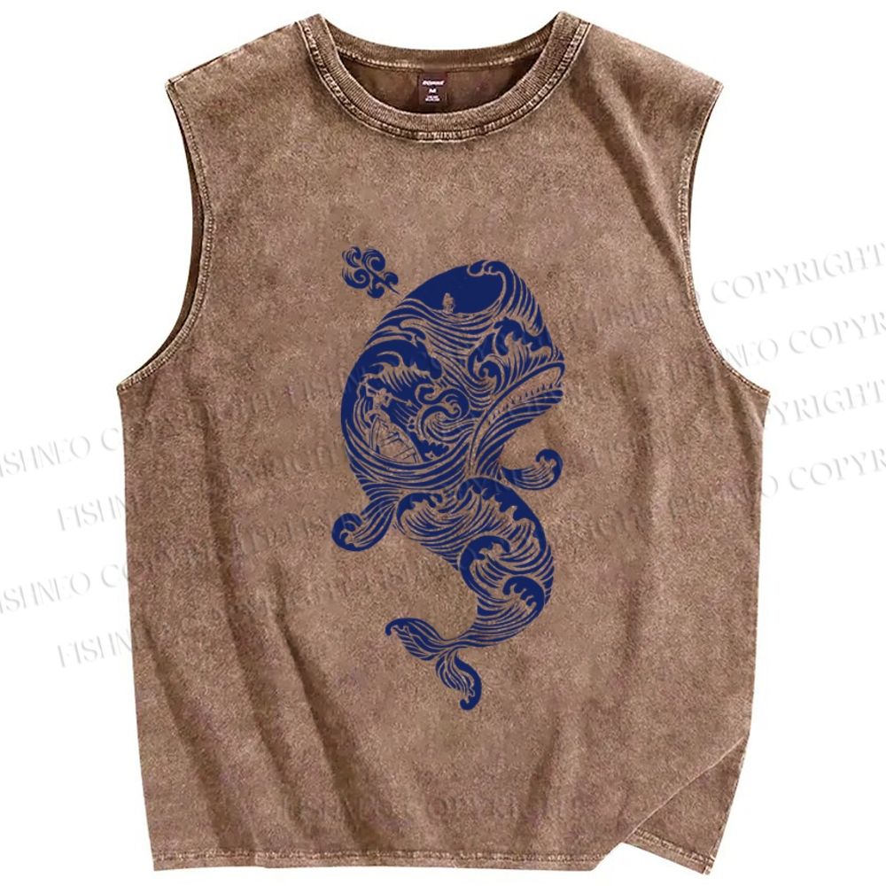 Unisex Vintage Blue Whale Printed Washed Tank Top