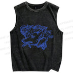 Unisex Vintage Smoking Wolf Printed Washed Tank Top