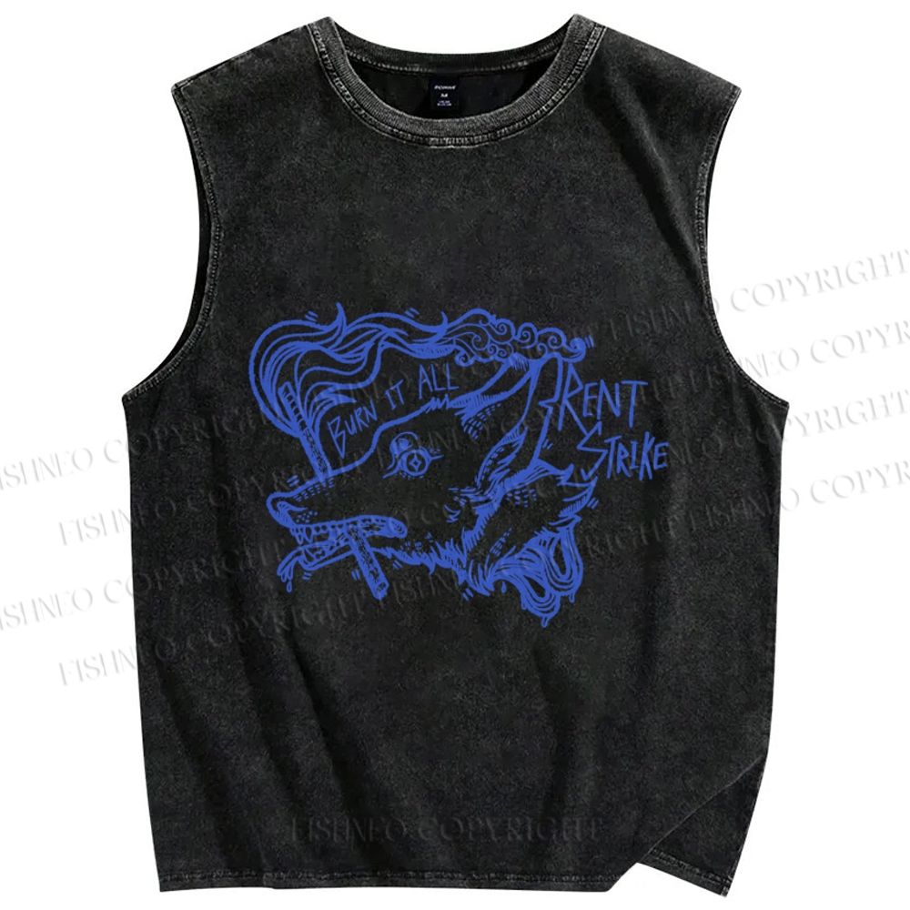 Unisex Vintage Smoking Wolf Printed Washed Tank Top