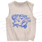 Unisex Vintage Smoking Wolf Printed Washed Tank Top