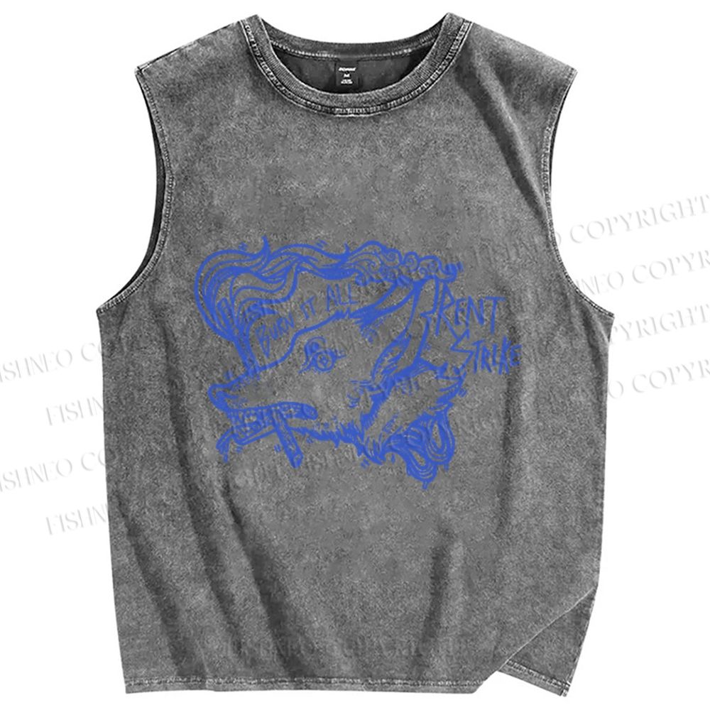 Unisex Vintage Smoking Wolf Printed Washed Tank Top