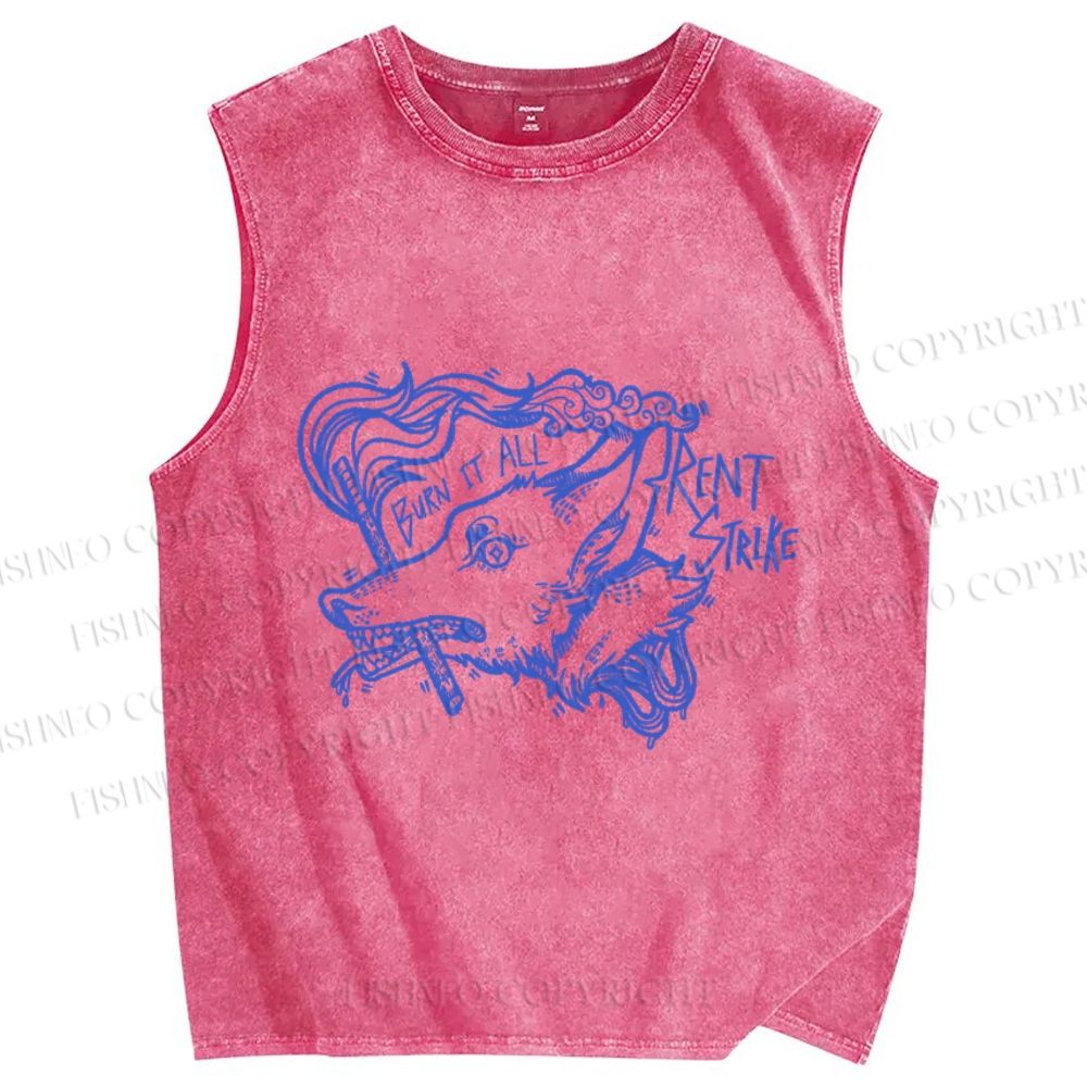 Unisex Vintage Smoking Wolf Printed Washed Tank Top