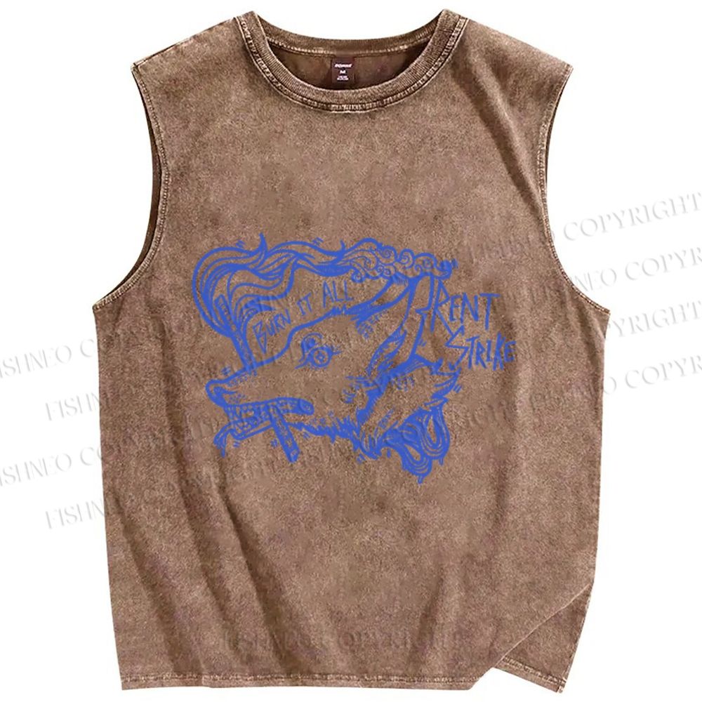 Unisex Vintage Smoking Wolf Printed Washed Tank Top