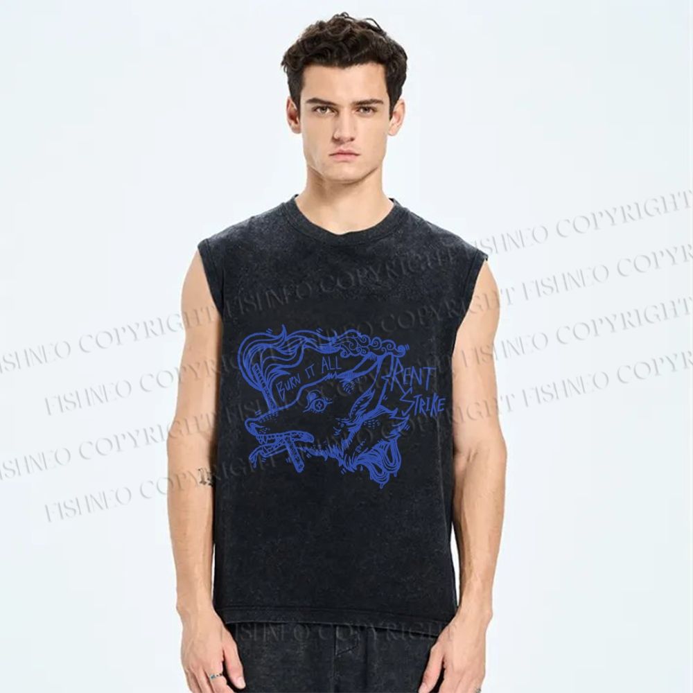 Unisex Vintage Smoking Wolf Printed Washed Tank Top