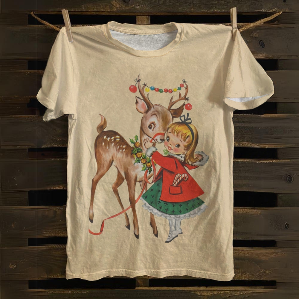 Retro Christmas Little Girl With Deer Print Round Neck Short Sleeve T-Shirt