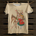 Retro Christmas Little Girl With Deer Print Round Neck Short Sleeve T-Shirt