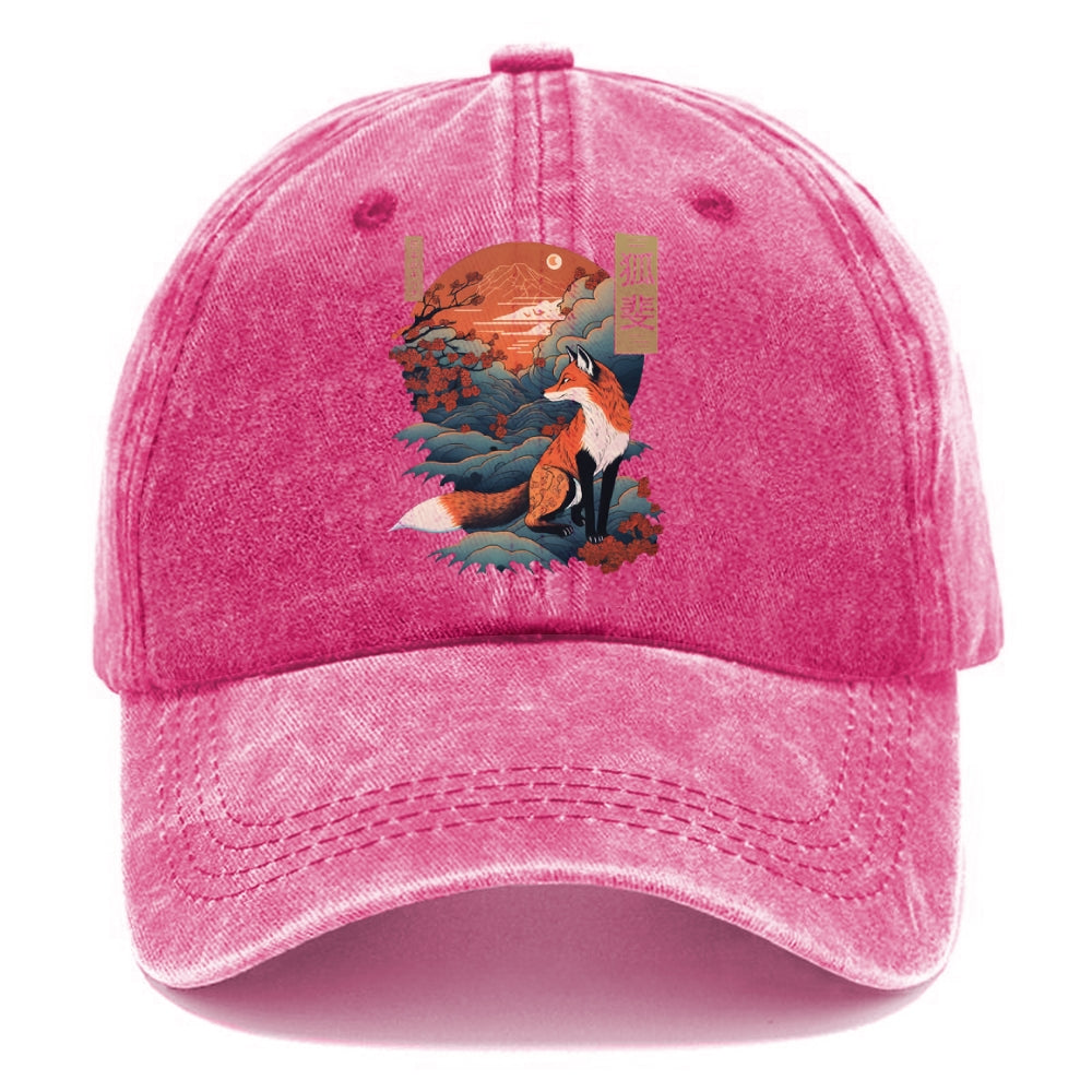 Japanese Kitsune Fox Sakura Washed Cap