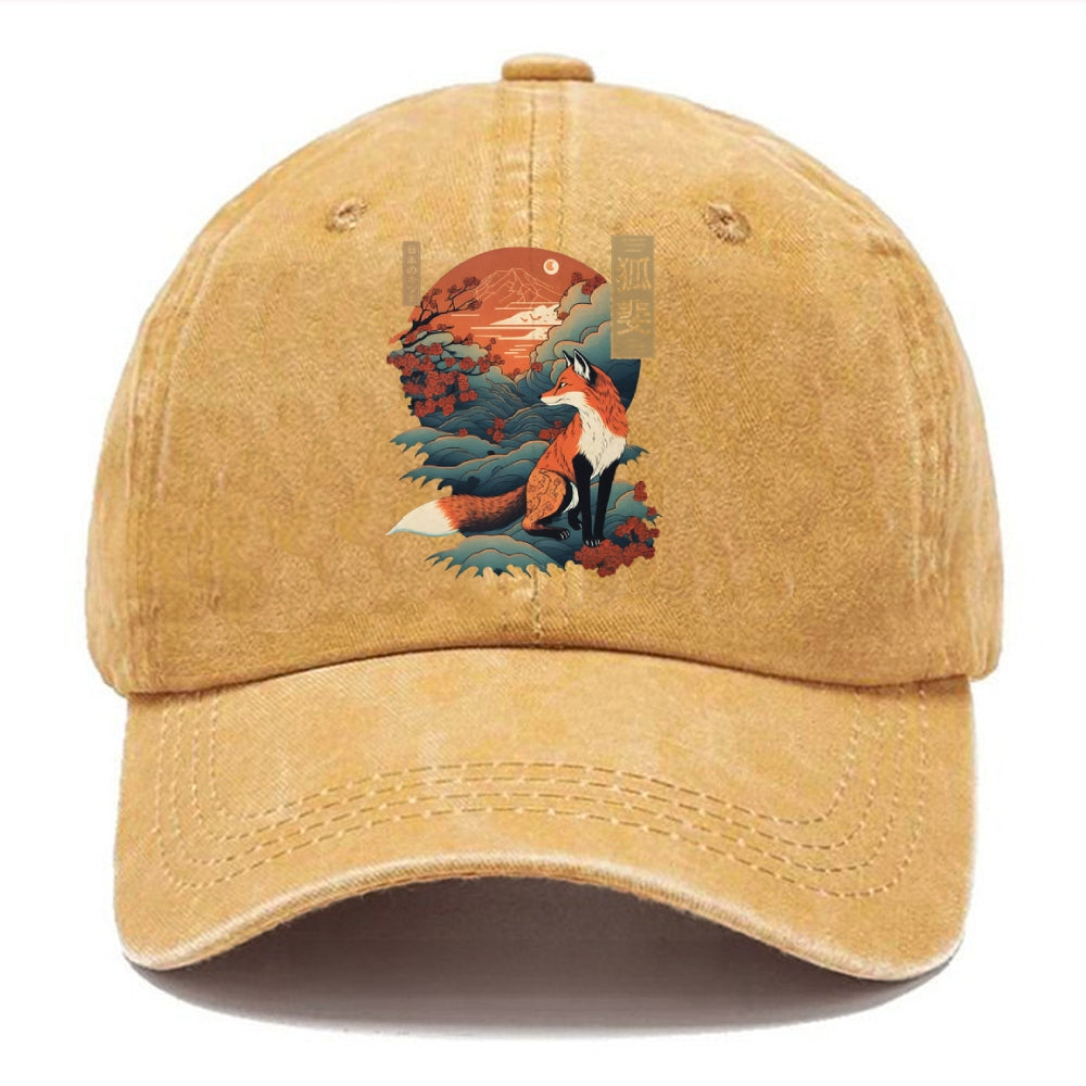 Japanese Kitsune Fox Sakura Washed Cap