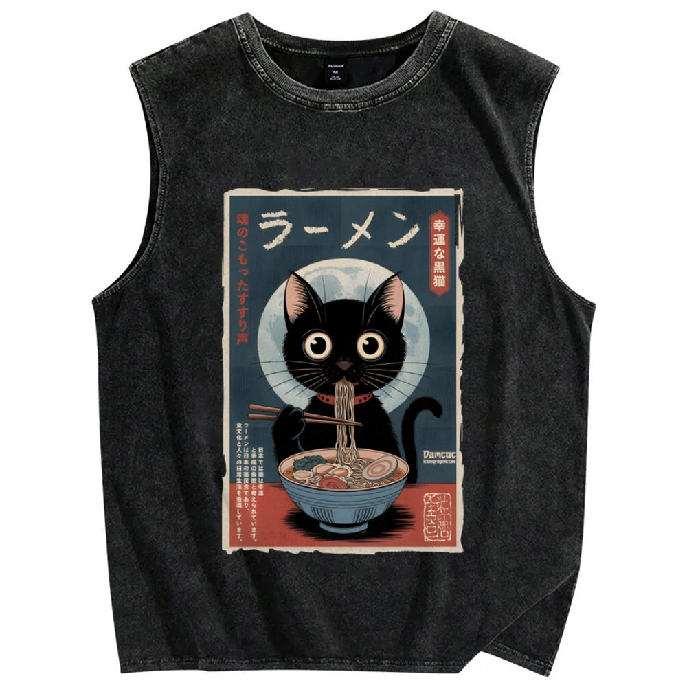 Black Cat Eating Ramen Vintage Distressed Washed Tank Top