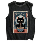Black Cat Eating Ramen Vintage Distressed Washed Tank Top