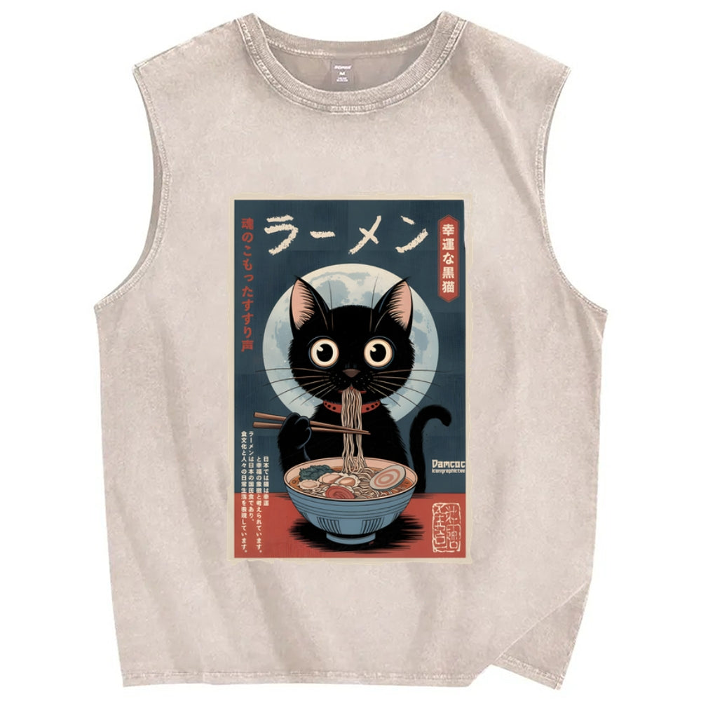 Black Cat Eating Ramen Vintage Distressed Washed Tank Top
