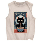 Black Cat Eating Ramen Vintage Distressed Washed Tank Top
