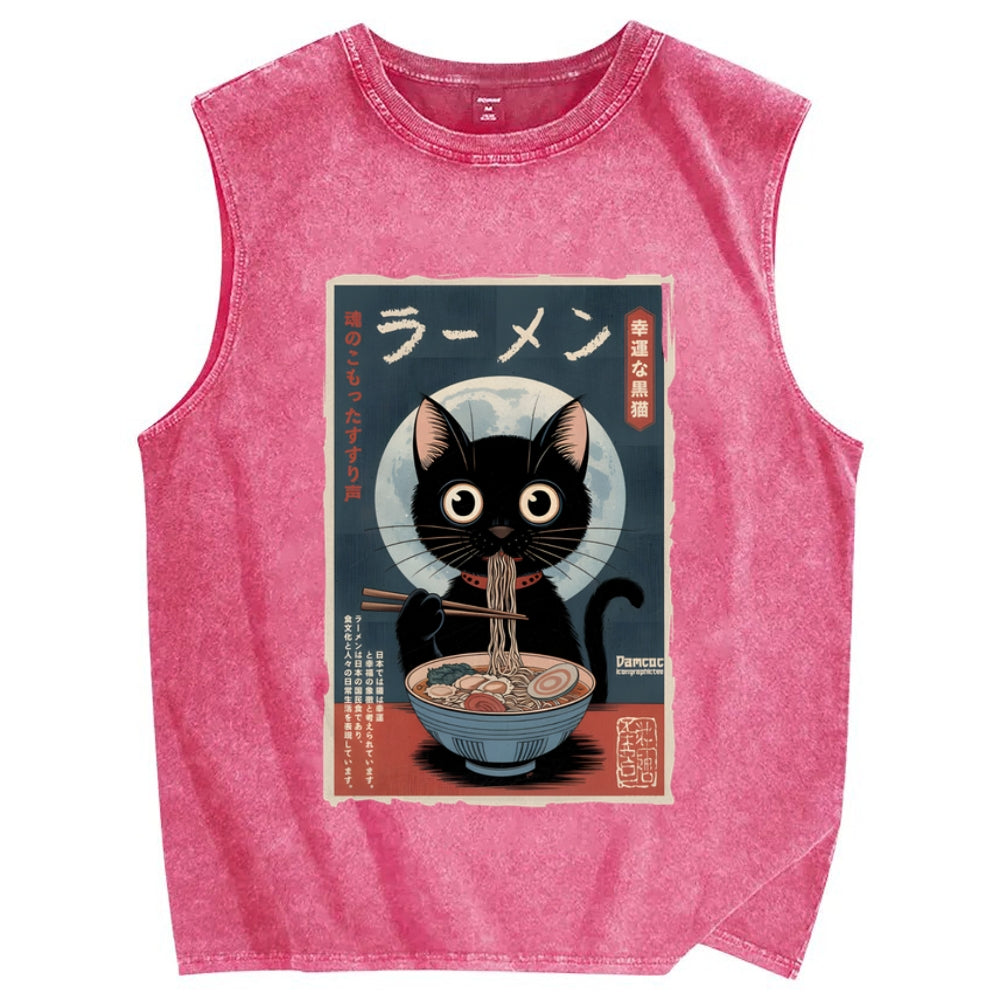 Black Cat Eating Ramen Vintage Distressed Washed Tank Top