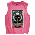 Black Cat Eating Ramen Vintage Distressed Washed Tank Top