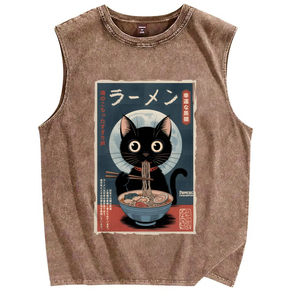 Black Cat Eating Ramen Vintage Distressed Washed Tank Top