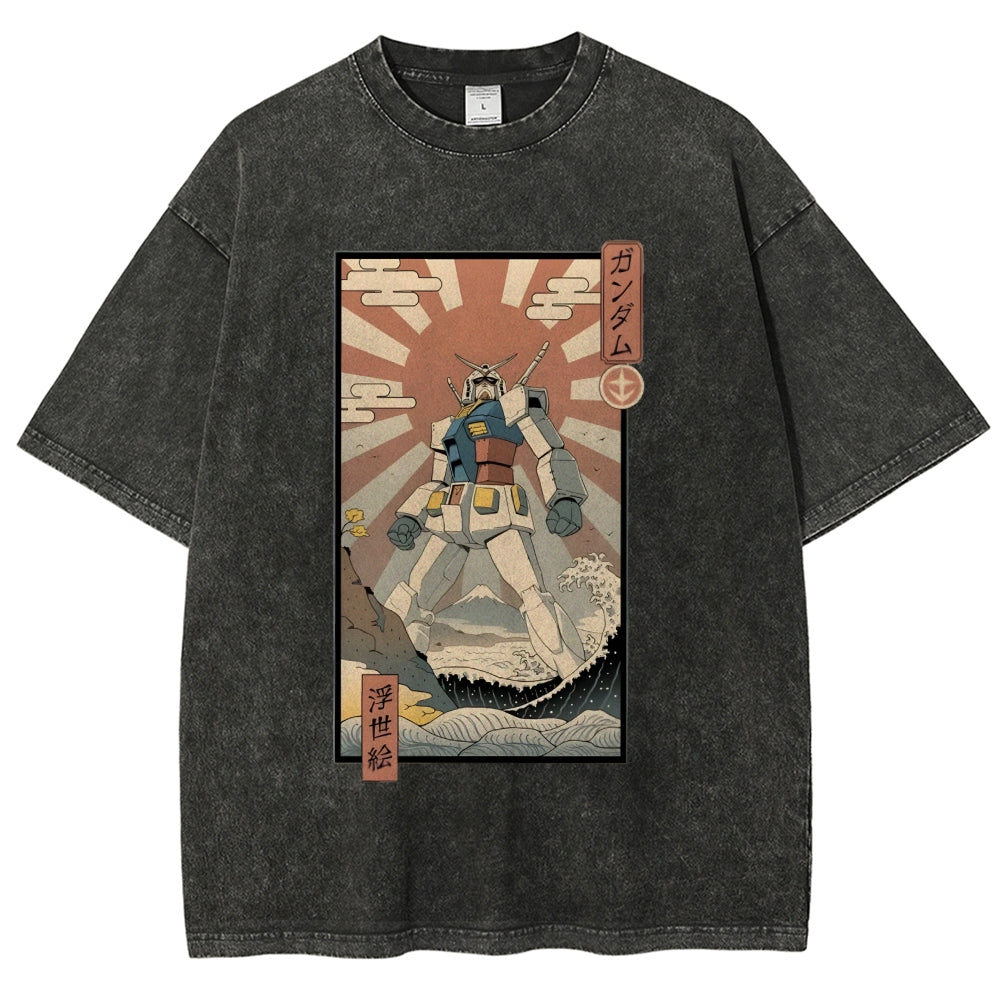 Ukiyo-e Big battle robot Gandam Vintage Washed T-shirt