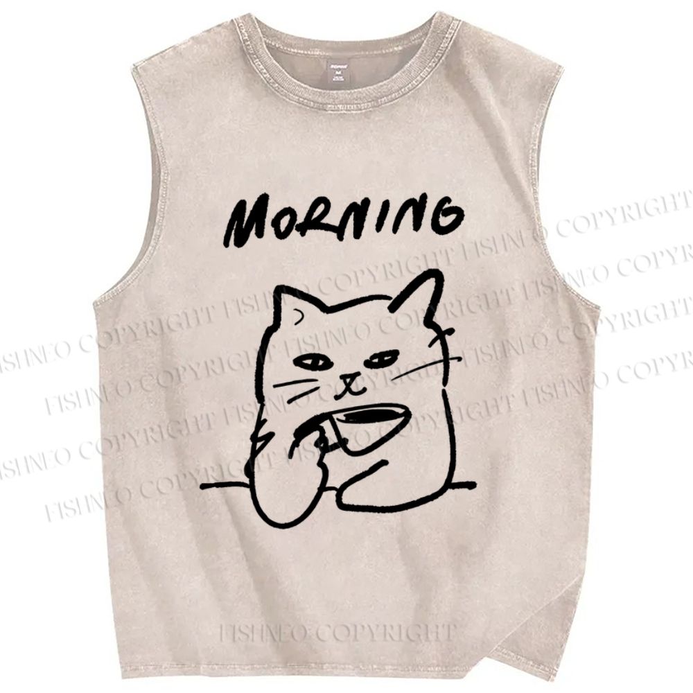 Unisex Morning Cat Printed Washed Tank Top