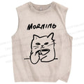 Unisex Morning Cat Printed Washed Tank Top
