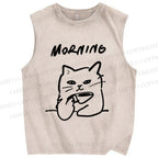 Unisex Morning Cat Printed Washed Tank Top