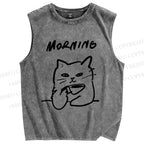 Unisex Morning Cat Printed Washed Tank Top