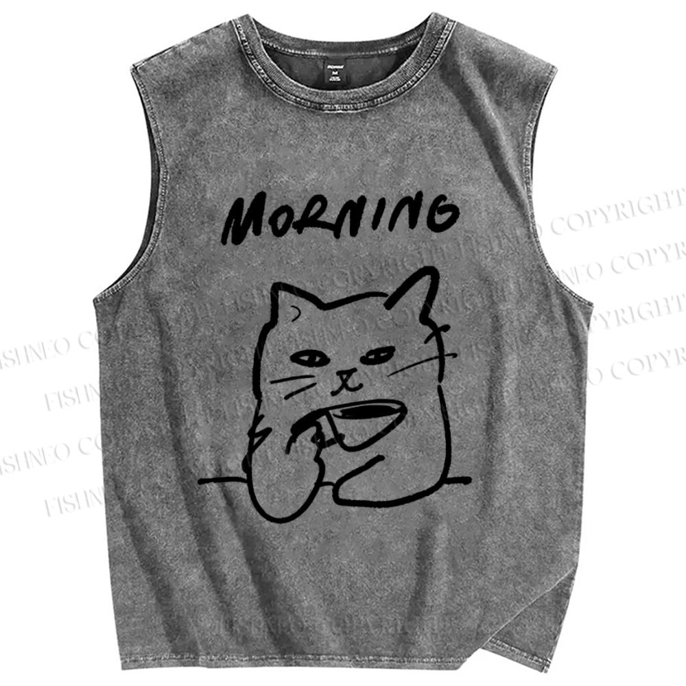 Unisex Morning Cat Printed Washed Tank Top
