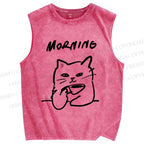 Unisex Morning Cat Printed Washed Tank Top